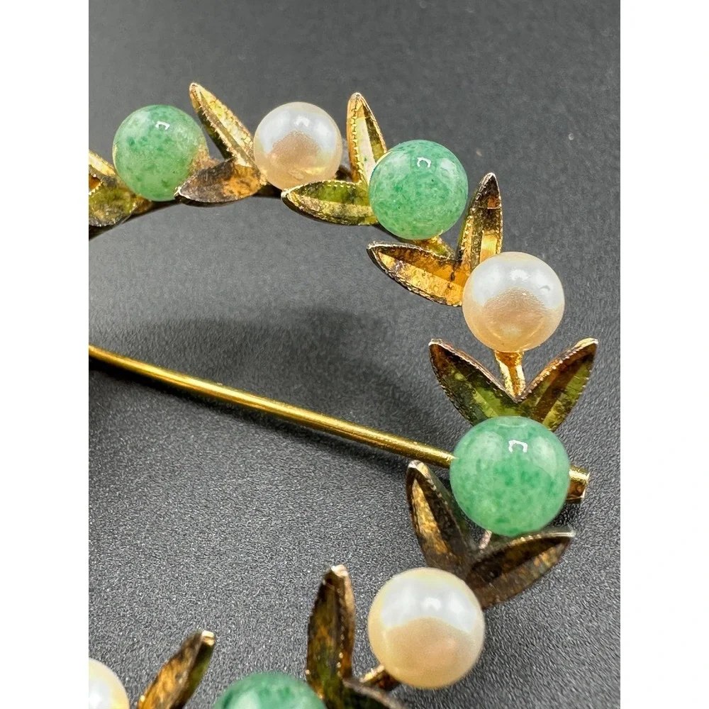 VTG 1940s 1950s Sterling Silver Jade Pearl Wreath Brooch Pendant
